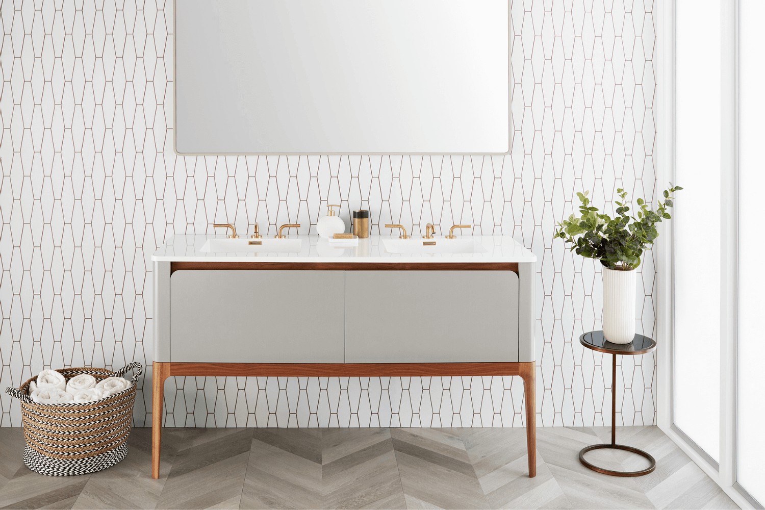 60" Luxury Vanity Wetstyle Bauhaus 60" X 22" Semi Recessed Double Sink Vanity Counter Top VBHXS60-O8-BN-GA, 3 Faucet Holes Per Sink (Vanity Base Sold Separately)