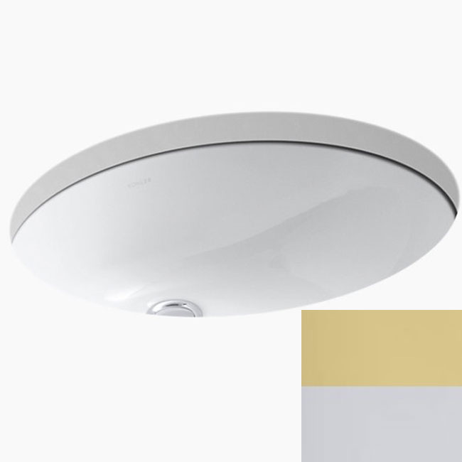 Kohler 113439 Caxton Oval 17" x 14" under-mount bathroom sink with overflow and clamp assembly in polished chrome with vibrant polished brass accents