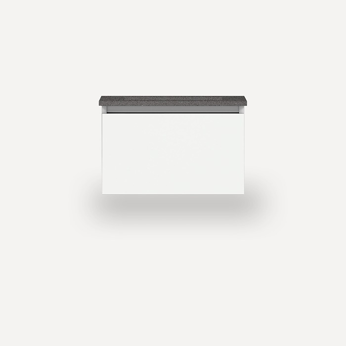 Robern 24219100NB00001 Curated Cartesian Vanity, 24" H X 15" L X 21" D, Single Drawer, White Glass, Plumbing Drawer, Engineered Stone 25 Vanity Top, Stone Gray (Silestone EXpo Grey)