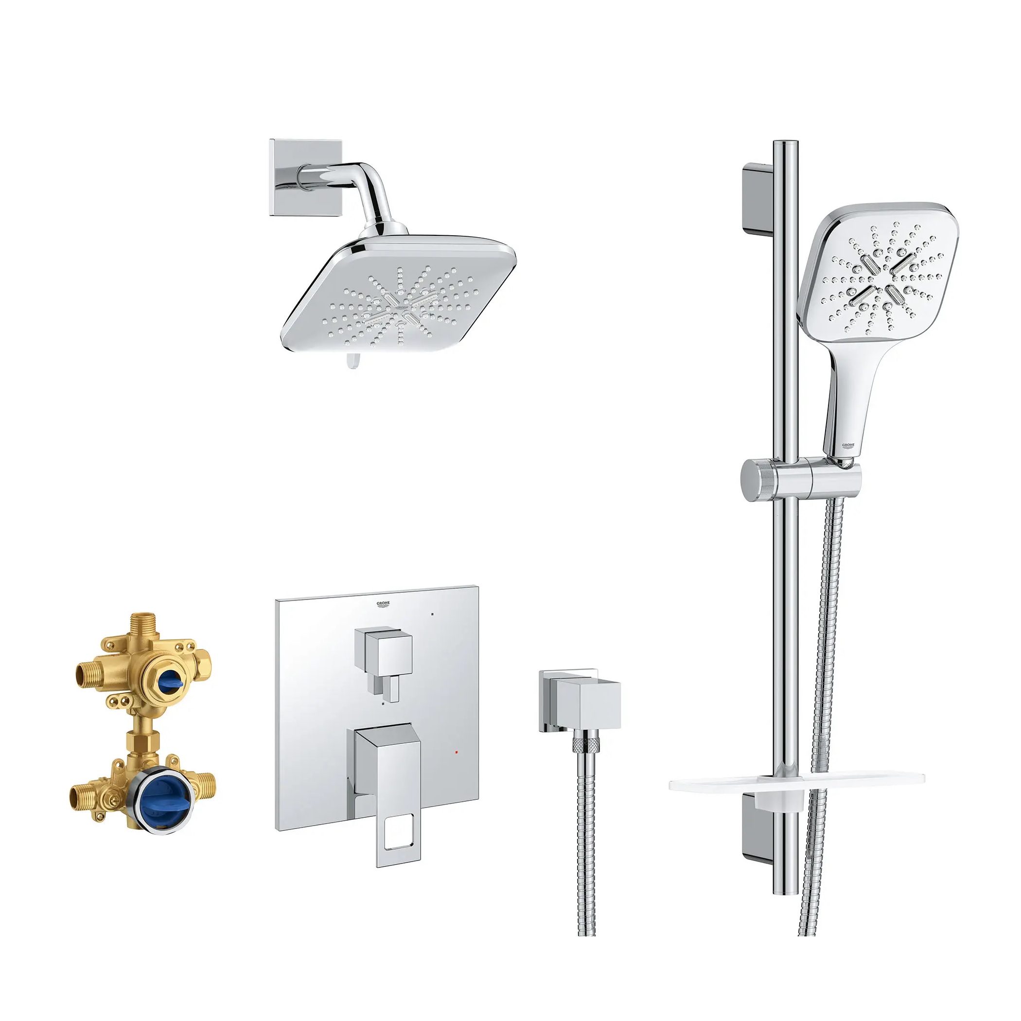 Grohe 29433000 Eurocube® Two Handle Pressure Balanced Shower System with Shower Head, Hand Shower, Slide Bar, Shower Arm and Valve Trim in StarLight Chrome