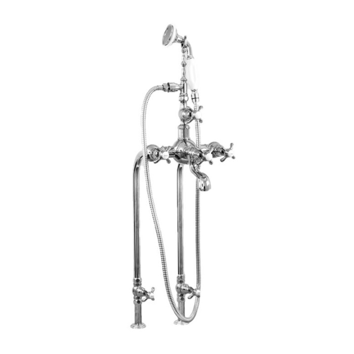 Sigma 7.00481521.42 Floor Mount Tub Filler with Telephone Handle Hand Shower, Risers, and Shut-off Kit in Satin Nickel