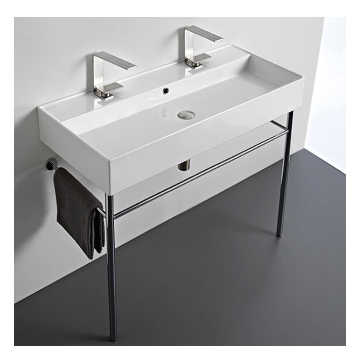 Scarabeo 8031/R-100B-CON Teorema 39 " L X 18" X 36 " H Rectangular Large Double Ceramic Console Stand  Bathroom Sink with Overflow in Polished Chrome