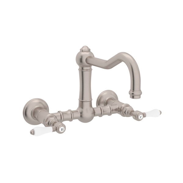 Rohl A1456LPSTN-2 Acqui Italian Kitchen Wall Mount Column Spout Bridge Faucet in Satin Nickel