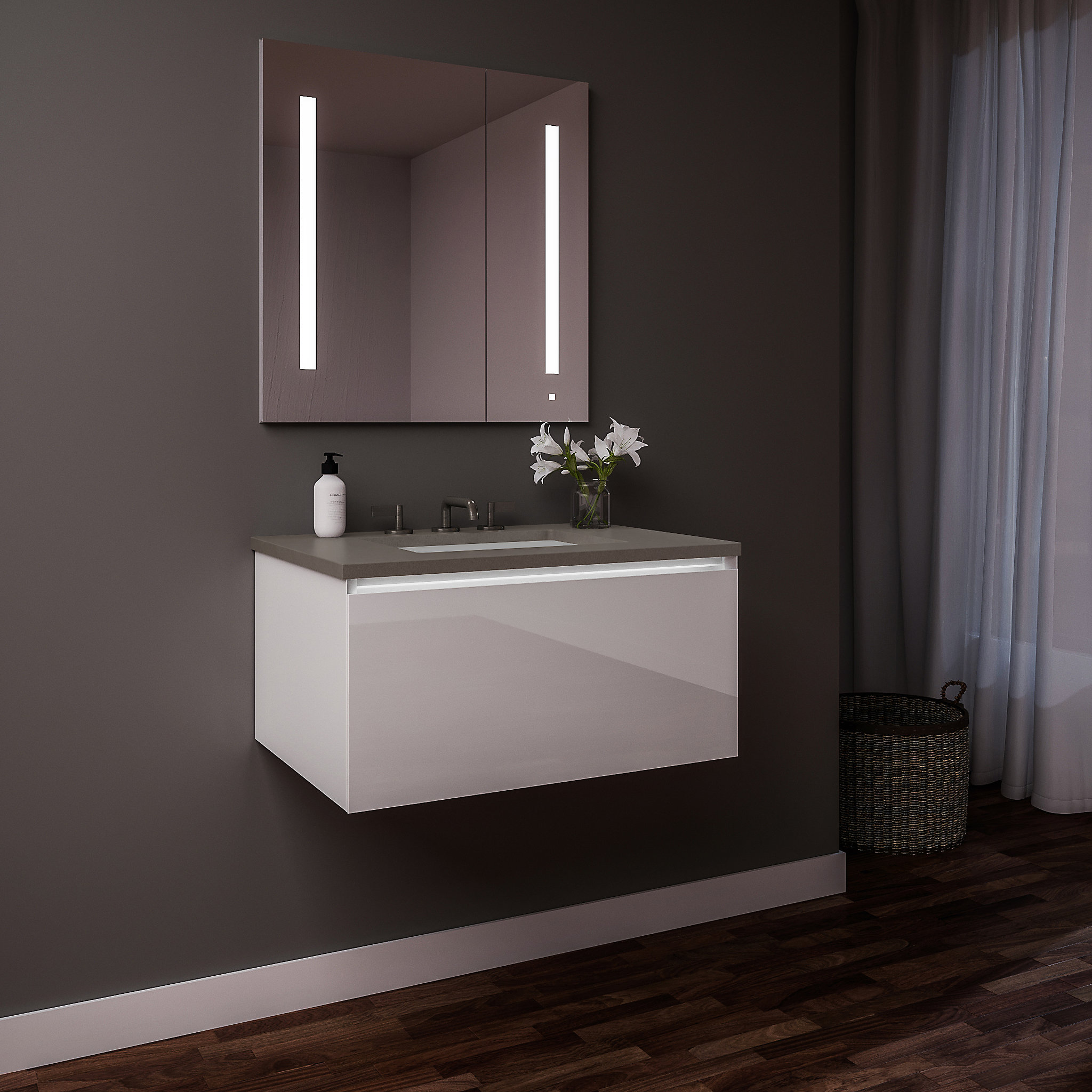 Robern 30219100TB00001 Curated Cartesian Vanity, 30" x 15" x 21", Single Drawer, White Glass, Plumbing Drawer, Night Light, Engineered Stone 31" Vanity Top, Stone Gray (Silestone Expo Grey)