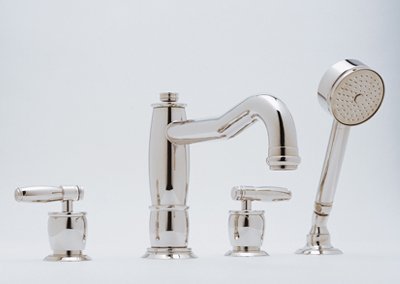 Rohl MB1933XMPN Contemporary / Modern Deck Mounted Gotham Spout with Pop-Up Waste with Hand Shower from the Michael Berman Bath Collection Cross Handles Polished