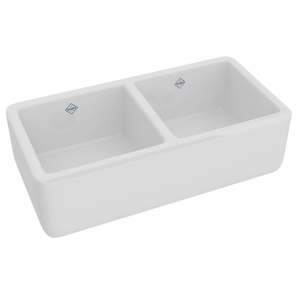 Rohl RC3719WH Lancaster Shaws Original Two Bowl Farmhouse Apron Front Fireclay Kitchen Sink in White