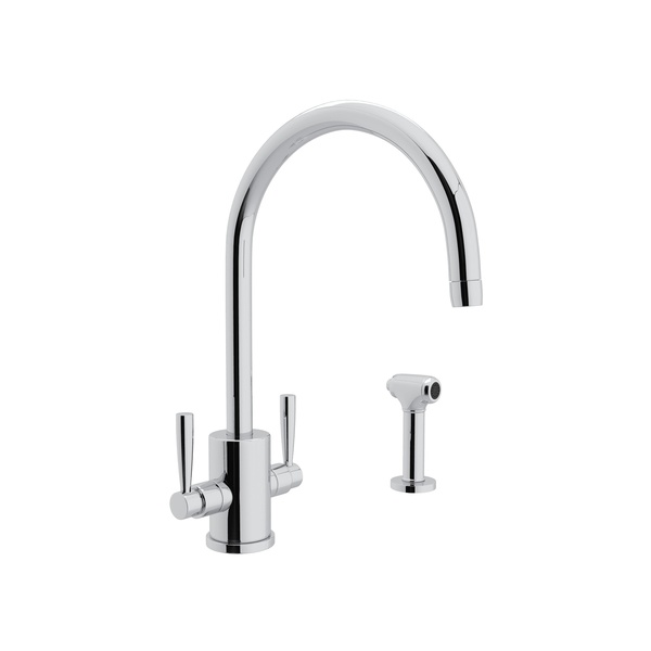 Rohl U.4312LS-APC-2 Holborn Perrin & Rowe Single Hole “C” Spout Kitchen Faucet With Round Body And Sidespray in Polished Chrome
