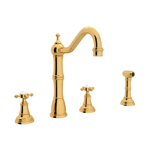 Rohl U.4775X-EG-2 Edwardian Perrin and Rowe 1.8 GPM Widespread Cross Handle Kitchen Faucet with Includes Side Spray in English Gold