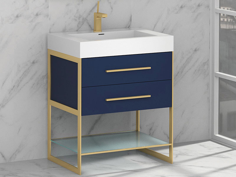 Madeli B810-36-001-SA-SB Silhouette 36" Width Vanity Cabinet Base in Sapphire with Satin Brass Hardware (Vanity Top Sold Separately)
