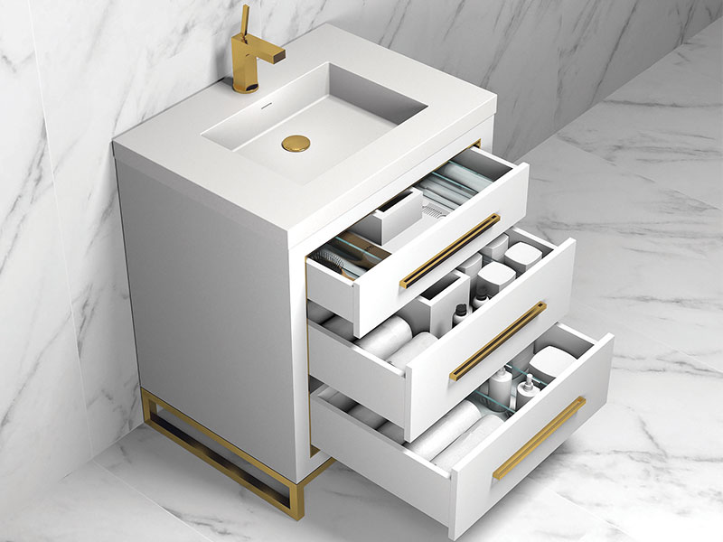 Madeli B860-30-001-LC-WH-PC Estate 30" Width Vanity Cabinet Base in White with Polished Chrome Hardware and C-Base Feet (Vanity Top Sold Separately)
