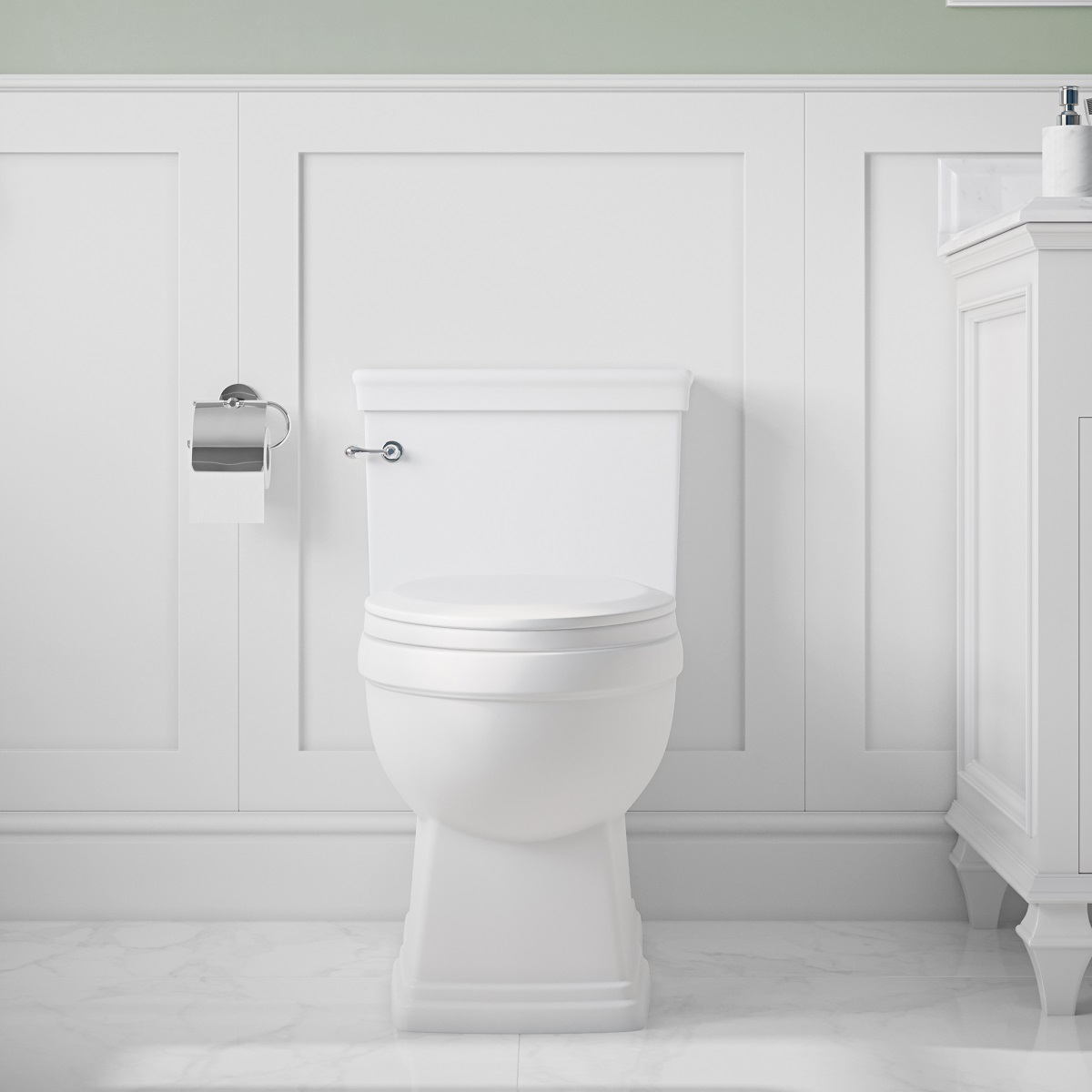 Icera C-6320.01 JULIAN SKIRTED 1.28 GPF 12" Rough-in Compact Elongated One Piece Toilet with Seat in Gloss White and Trip Lever in Polished Chrome
