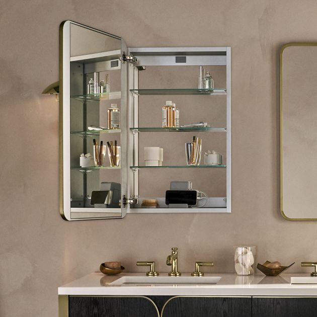Robern CC2444D4RC87TU Craft Series Rectangular 23-1/4" W X 43-5/8" H X 4-3/4" D Round Corner Metal Mirror Medicine Cabinet in Aged Brass with Slow-Close Hinges, Electric Upgrade