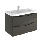 Emory and Bond 580136GR Lupa Series Wall-mount Vanity Base 36" x 18" 2 Drawers in High Gloss Lacquered Anthracite + Porcelain 1-Hole Vanity Top in White