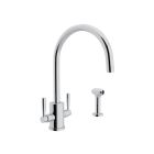 Rohl U.4312LS-APC-2 Holborn Perrin & Rowe Single Hole “C” Spout Kitchen Faucet With Round Body And Sidespray in Polished Chrome