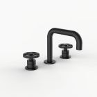 Davinci D02-H14-100-G-MB Program 1.1 Deck Mounted, Three Hole Lavatory Faucet with Right Angle Spout with Knurled Wheel Handles On Groove Base in Matte Black