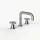 Davinci D02-H14-100-G-PC Program 1.1 Deck Mounted, Three Hole Lavatory Faucet with Right Angle Spout with Knurled Wheel Handles On Groove Base in Polished Chrome