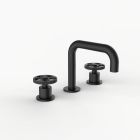Davinci D02-H14-100-S-MB Program 1.1 Deck Mounted, Three Hole Lavatory Faucet with Right Angle Spout with Knurled Wheel Handles On Smooth Base in Matte Black