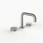 Davinci D02-H16-100-SN Program 1.0 Deck Mounted Three Hole Lavatory Faucet with 90 Degree Spout with Disk Knob Handles, Knurled in Satin Nickel 