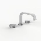 Davinci D05-H16-100-SN Flat Round Deck Mounted, Three Hole Lavatory Faucet with Flat Low, Round Flange Spout with Knurled Puck Handles in Satin Nickel