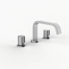 Davinci D05-S3K-100-SN Flat Round Deck Mounted, Three Hole Lavatory Faucet with Flat Low, Round Flange Spout with Knurled Knob Style Handles with Vertical Groove in Satin Nickel