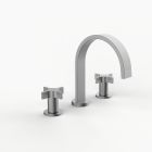 Davinci D06-H07-100-SN Flat Round Deck Mounted, Three Hole Lavatory Faucet with Flat Arc, Round Flange Spout with Tapered Cross Style Handles in Satin Nickel