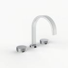 Davinci D06-H16-100-PC Flat Round Deck Mounted, Three Hole Lavatory Faucet with Flat Arc, Round Flange Spout with Knurled Puck Handles in Polished Chrome