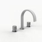 Davinci D06-S3K-100-SN Flat Round Deck Mounted, Three Hole Lavatory Faucet with Flat Arc, Round Flange Spout with Knurled Knob Style Handles with Vertical Groove in Satin Nickel