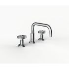 Davinci GAN-MOM-100-PC Gotham Deck Mounted Three Hole Lavatory Faucet with Right Angle Spout with Base and Momentum Wheel Style Handles in Polished Chrome