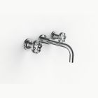 Davinci GOT-MOM-150-PC Gotham Three Hole Wall Mounted Lavatory Faucet with 90 Degree Angled Spout with Base and Momentum Wheel Style Handles in Polished Chrome
