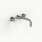 Davinci GOT-SAR-150-PN Gotham Three Hole Wall Mounted Lavatory Faucet with 90 Degree Angled Spout with Base and Saratoga Knob Style Handles in Polished Nickel