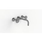 Davinci GOT-STV-150- SN Gotham Three Hole Wall Mounted Lavatory Faucet with 90 Degree Angled Spout with Base and Street Valve Wheel Handles in Satin Nickel 