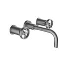 Davinci GOTDS150SN Gotham Three Hole Wall Mounted Lavatory Faucet with 90 Degree Angled Spout, Base, and Wheel Handles in Satin Nickel