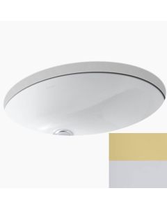 Kohler 113439 Caxton Oval 17" x 14" under-mount bathroom sink with overflow and clamp assembly in polished chrome with vibrant polished brass accents