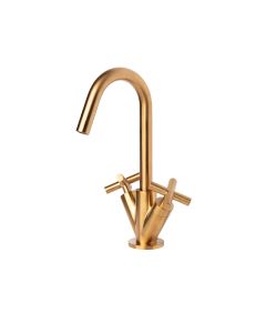 Lacava 1581.1-BG Cigno 1.2 GPM Deck-Mount Single Hole Faucet with Goose-Neck Swiveling Spout, Two Cross Handles in Brushed Gold