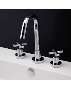 Lacava 1582-CR Cigno Deck-mount three-hole faucet with a goose-neck swiveling spout, two cross handles, and a pop-up drain. Water flow rate: 1 gpm pressure compensating aerator. in Polished Chrome