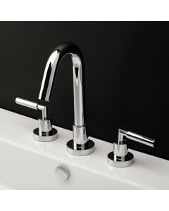 Lacava 1583-CR Cigno Deck-mount three-hole faucet with a goose-neck swiveling spout, two lever handles, and a pop-up drain. Water flow rate: 1 gpm pressure compensating aerator. in Polished Chrome