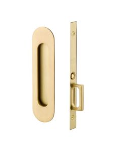 Emtek 2164US4, 7-1/4" Height Narrow Oval Passage Pocket Door Mortise Lock with Keyed Function in Satin Brass