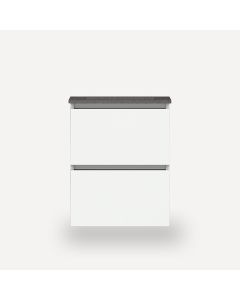 Robern 24219100NB00002 Curated Cartesian Vanity, 24" H X 15" L X 21" D, Two Drawer, White Glass, Plumbing Drawer, Full Drawer, Engineered Stone 25 Vanity Top, Stone Gray (Silestone EXpo Grey)