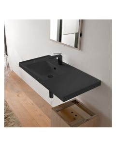 Scarabeo 3008-49 ONE-HOLE ML Rectangular Ceramic Wall Mounted Bathroom Sink with Overflow in Matte Black
