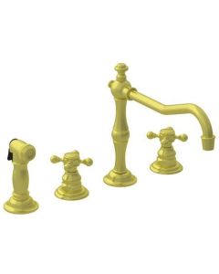 Newport Brass 943/04 Chesterfield Double Handle Widespread Kitchen Faucet with Side Spray and Metal C, Satin Brass