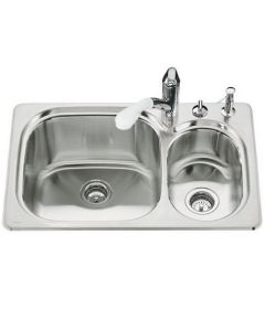 Kohler 3228-1-NA Ravinia 33" L X 22" H X 10" D High Low Self Rimming Kitchen Sink with Single Hole Faucet Punching in Brushed
