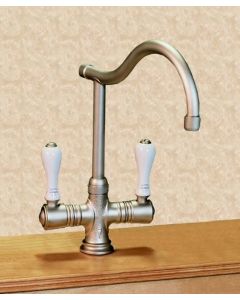 Herbeau 42022059 Ostende Deck Mounted Single Hole Mixer with White Handles in Weathered Copper & Brass