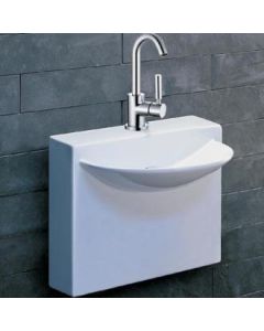 Lacava 4500S-001 Block Wall-mount porcelain lavatory with one faucet hole, no overflow. Concealed drain and trap are included. Low-flow faucets with aerator are recommended to prevent splashing, 17 3/4"W, 15"D, 15 3/4"H in White