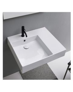 Scarabeo 5147-1 HOLE Teorema 2.0 Plus Rectangular Ceramic Wall Mounted or Vessel Sink with Counter Space, Overflow in White