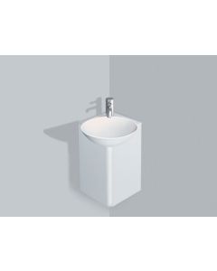 Alape 5245 000 000 WP.Insert5 Corner washplace, 9 7/8 x 9 7/8", height 18 1/2", dish basin 11 3/4" in white glazed steel, central, without overflow, base cabinet powder coated white, with faucet hole, countertop white