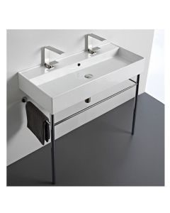 Scarabeo 8031/R-100B-CON Teorema 39 " L X 18" X 36 " H Rectangular Large Double Ceramic Console Stand  Bathroom Sink with Overflow in Polished Chrome