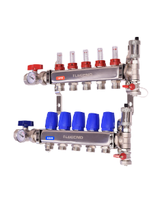 Legend 8330P-10-6 M-8330P Stainless Steel Pro, Isolation Valves with Thermometer, Auto Air Vent - Fill/Purge Adapter, Mounting Bracket 6 Port ss Manifold With Purge 1"