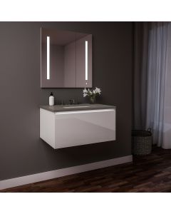 Robern 30219100TB00001 Curated Cartesian Vanity, 30" x 15" x 21", Single Drawer, White Glass, Plumbing Drawer, Night Light, Engineered Stone 31" Vanity Top, Stone Gray (Silestone Expo Grey)