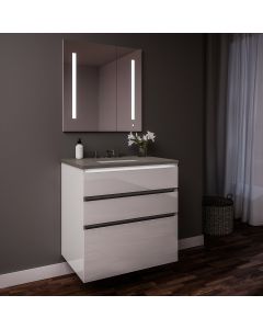 Robern 30219100TB00003 Curated Cartesian Vanity, 30" x 7-1/2" x 21", 24" x 15" x 21", Three Drawer, White Glass, Tip Out Drawer, Plumbing Drawer, Full Drawer, Night Light, Engineered Stone 31" Vanity Top, Stone Gray (Silestone Expo Grey)
