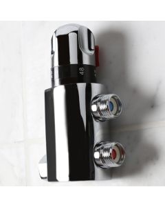 Lacava EX25A-CR Zoom Integrated thermostatic mixing valve. It includes built-in filters and back check valves. W: 2 1/8", H: 5 3/8". in Polished Chrome